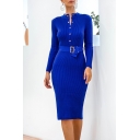 Popular Solid Color Belted Button Front Collarless Long Sleeve Midi Bodycon Sweater Dress for Women
