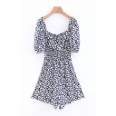 Womens Rompers Fashionable All-over Floral Pattern Tie Detail Short Puff Sleeve Square Neck A-Line Loose Fitted Rompers
