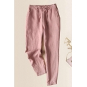 Classic Womens Pants Solid Color Drawstring Waist Regular Fit 7/8 Length Tapered Relaxed Pants