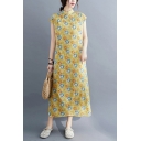 Vintage Girls Floral All Over Flower Printed Short Sleeve Mandarin Collar Slit Sides Mid A-line Cheongsam Dress in Yellow
