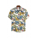 Mens Shirt Simple Flower Leaf Pattern Spread Collar Button-down Regular Fit Short Sleeve Shirt