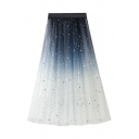 Retro Womens Skirt Ombre Color Sequin Decoration High Elastic Rise Maxi A-Line Tulle Skirt