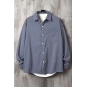 Mens Shirt Stylish Plain Button-down Long Sleeve Spread Collar Loose Fit Shirt with Chest Pocket