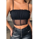Sexy Womens Solid Color Spaghetti Straps Stringy Selvedge Ruched Sheer Mesh Slim Fit Crop Cami Top
