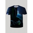 Popular Mens T-Shirt Wolf Starry Sky 3D Pattern Round Neck Short Sleeve Fitted Black T-Shirt