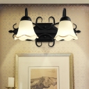Morning Glory Opal Glass Wall Sconce Rustic 2/3 Lights Bathroom Wall Mount Lamp in Black with Arched Arm