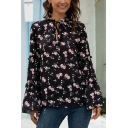 Retro Womens All over Floral Print Stringy Selvedge Keyhole Tie Neck Bell Long Sleeve Relaxed Fit Blouse Top