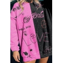 Cool Womens Pullover Sweatshirt Contrasted Graffiti Emoji Rose Sea-Star Letter Pattern Tunic Round Neck Long Sleeve Loose Fit Pullover Sweatshirt
