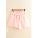 Simple Womens Shorts Solid Color Bow Pocket Elastic Paperbag Waist High Rise Relaxed Fitted Shorts
