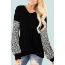 Popular Womens Leopard Printed Patchwork Twist Hem V Neck Bishop Long Sleeve Relaxed Fit Tee Top