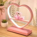 Loving Heart Aluminum Table Lamp Macaron LED Pink Nightstand Lighting with Double Flamingo Deco