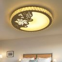 LED Bedroom Ceiling Mounted Fixture Simple Chrome Floral Patterned Flush Light with Round Crystal Shade