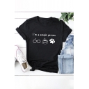 Womens Tee Top Creative Glasses Cup Footprint Letter I'm a Simple Person Printed Round Neck Loose Fitted Short Sleeve Tee Top