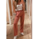 Retro Womens Pants Plaid Printed Zipper Fly Regular Fit Long Straight Relaxed Pants