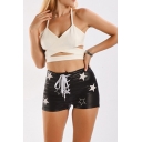 Black Vintage Womens Shorts Star Pattern Lace-up Front PU Leather Stretch Slim Fitted Mid Waist Relaxed Shorts