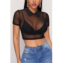 Cool Black Women's Short Sleeve Point Collar See-Through Mesh Fitted Crop Polo