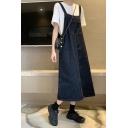 Fashion Womens Dark Blue Patched Pocket Mid A-line Denim Suspender Dress