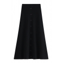 Unique Womens Skirt Plain Single-Breasted Rib Knitted High Rise Maxi A-Line Skirt