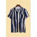 Chic Mens Shirt Striped Colorblock Pattern Pocket Button down Short Sleeve Point Collar Regular Fitted Shirt
