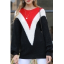 Pop Womens Chevron Printed Color Block Round Neck Bishop Long Sleeve Oversize Tunic Knitted Pullover Sweater