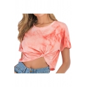 Popular Girls Tie Dye Print Knitted Rolled up Sleeve Crew Neck Chest Pocket Slim Fit Cropped Tee in Pink