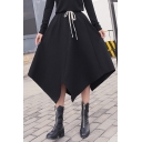 Creative Womens Skirt Plain Asymmetric Hem Drawstring Waist Midi A-Line Skirt in Black