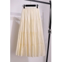 Fancy Womens Skirt Solid Color Pleated High Rise Elastic Relaxed Fitted Maxi A-Line Skirt