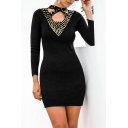 Trendy Womens Solid Color Studded Embellished Cut Out Front Mock Neck Long Sleeve Mini Bodycon Sweater Dress in Black