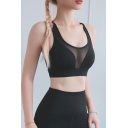Fitness Womens Solid Color See-through Patched Scoop Neck Hollow Out Racerback Fit Crop Tank