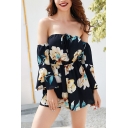 Floral Printed Off The Shoulder Bell Sleeve Zip Back Rompers with Chocker