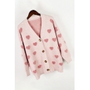 Womens Fashionable Pink Cute Heart Printed Long Sleeve Button Front Regular Knitted Cardigan Coat