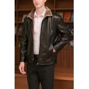 Mens Jacket Creative Fleece-Lined Zipper-down Long Sleeve Turn-down Collar Regular Fit Leather Jacket