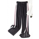 Basic Womens Pants Side Colorblock Stripe Split Hem Drawstring Waist Loose Fit Full Length Wide Leg Pants