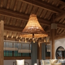 Yellow Woven Bell Pendant Chandelier Countryside 3 Lights Rope Suspension Lighting with Tassel Deco, 23.5