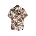 Mens Shirt Fashionable Leaf Flower Printed Button-down Short Sleeve Spread Collar Regular Fit Shirt
