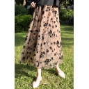 Womens Skirt Casual Flocked Flower High Elastic Waist Tulle Maxi A-Line Swing Skirt