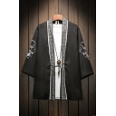 Retro Mens Shirt Dragon Embroidered Linen Cardigan 3/4 Sleeve Relaxed Fitted Kimono Jacket