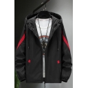 Stylish Jacket Stripe Letter Printed Pockets Hooded Zip Placket Drawstring Elastic Cuff Regular Fit Long-sleeved Relaxed Jacket for Men