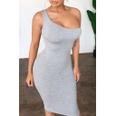 Womens Elegant Solid Color One Shoulder Mid Bodycon Tank Dress