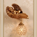 1 Light Wall Sconce Rustic Hallway Resin Sleeping Angel Wall Light Fixture with Global Crystal Shade in Dark Gold, Right/Left