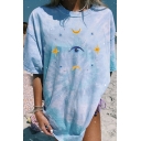 Novelty Tee Top Womens Crescent Moon Sun Star Eye Pattern Tie Dye Round Neck Tunic Loose Fitted Half Sleeve Tee Top