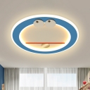 Cat Figure Metal Ceiling Lamp Cartoon LED Blue Flush Mount Lighting for Children Room, Warm/White Light