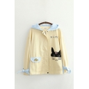 Retro Womens Jacket Contrasted Cat Fish Japanese Letter Pattern Tie Detail Zipper down Long Sleeve Loose Fit Hooded Casual Jacket
