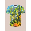 Mens 3D T-Shirt Stylish Fish Water Castle Cloud Bubble Seagull Computer Pattern Regular Fit Short Sleeve Round Neck T-Shirt