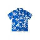 Mens Shirt Chic Hibiscus Leaf Volcano Cloud Pattern Notch Collar Button-down Regular Fit Short Sleeve Blue Shirt