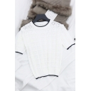 Elegant Womens Knitted Heart Pattern Hollow Out Contrast Trim Short Sleeve Crew Neck Slim Fit Tee Top