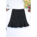 Creative Womens Skirt Plain Pleated Asymmetric Ruffle Hem Short High Rise Trumpet Skirt