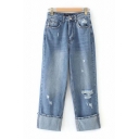Womens Blue Jeans Stylish Medium Wash Distressed Rolled Cuffs Zipper Fly Full Length Relaxed Fit Straight Jeans