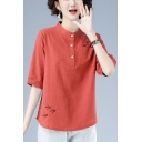 Retro Womens Bird Plant Embroidered Button Front Stand Collar Half Sleeve Regular Fitted Tee Top