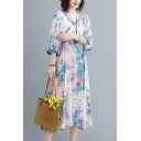 Retro Womens Tie Dye Flower Print Contrast Trim Drawstring Waist V Neck 3/4 Sleeve Oversize Midi Dress in Blue